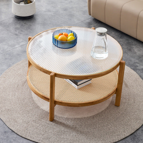 Modern simple rectangle double-layer Walnut color solid wood Glass desktop tea table rattan woven Chinese side table small rectangle table suitable for living room, dining room and bedroom