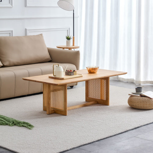 Modern simple rectangle double-layer Walnut color solid wood Glass desktop tea table rattan woven Chinese side table small rectangle table suitable for living room, dining room and bedroom