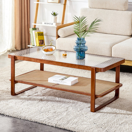 Modern simple rectangle double-layer Walnut color solid wood Glass desktop tea table rattan woven Chinese side table small rectangle table suitable for living room, dining room and bedroom
