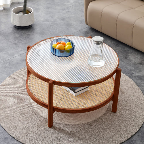 Modern simple rectangle double-layer Walnut color solid wood Glass desktop tea table rattan woven Chinese side table small rectangle table suitable for living room, dining room and bedroom
