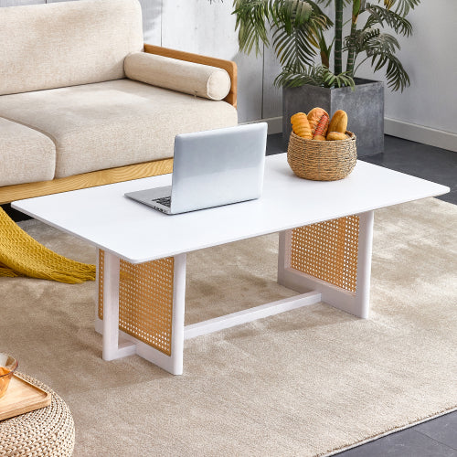 Modern simple rectangle double-layer Walnut color solid wood Glass desktop tea table rattan woven Chinese side table small rectangle table suitable for living room, dining room and bedroom
