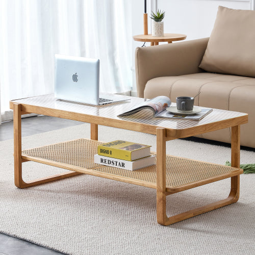 Modern simple rectangle double-layer Walnut color solid wood Glass desktop tea table rattan woven Chinese side table small rectangle table suitable for living room, dining room and bedroom