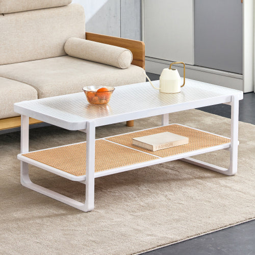 Modern simple rectangle double-layer Walnut color solid wood Glass desktop tea table rattan woven Chinese side table small rectangle table suitable for living room, dining room and bedroom