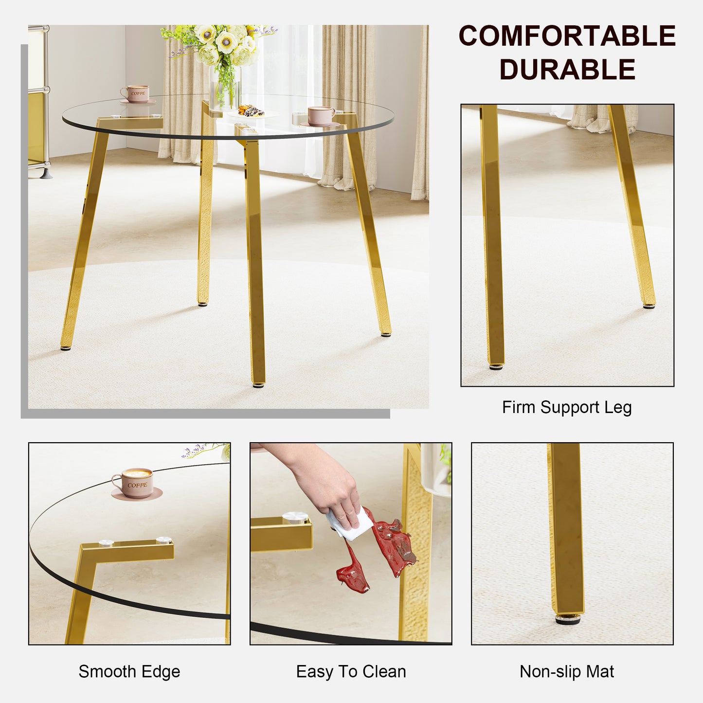 Modern minimalist style circular transparent tempered glass table, tempered glass tabletop, golden metal legs, suitable for kitchen, dining room, and living room, 42 "* 42" * 29.5 "1123r