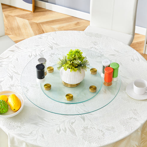 Double layer rotatable round glass.Golden aluminum plate,The rotatable design makes it convenient to retrieve and place items.The upper glass has a diameter of 20 inches,the lower glass15 inches.