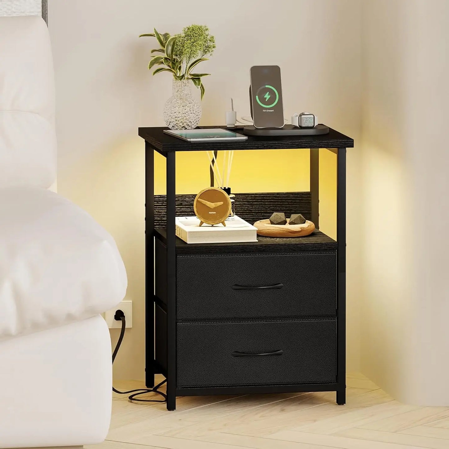 Night Stand with Charging Station, LED Nightstand with U-S-B Ports and Outlets, 2 Fabric Storage Drawers with PU Finish