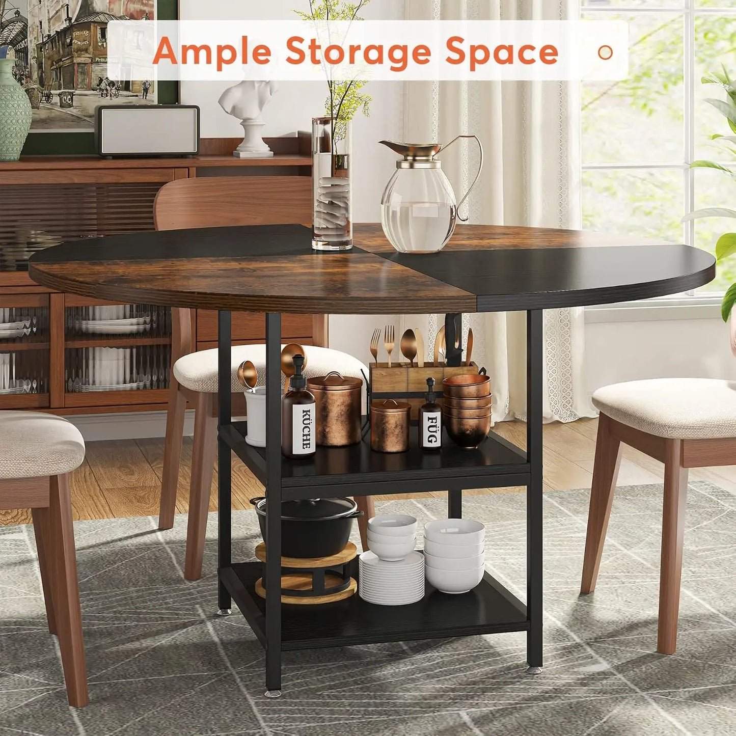 47 inch Round Dining Table for 4,Wood Kitchen Table Large Dinner Table with Storage Shelf Metal Legs for Dining Room(Only Table)