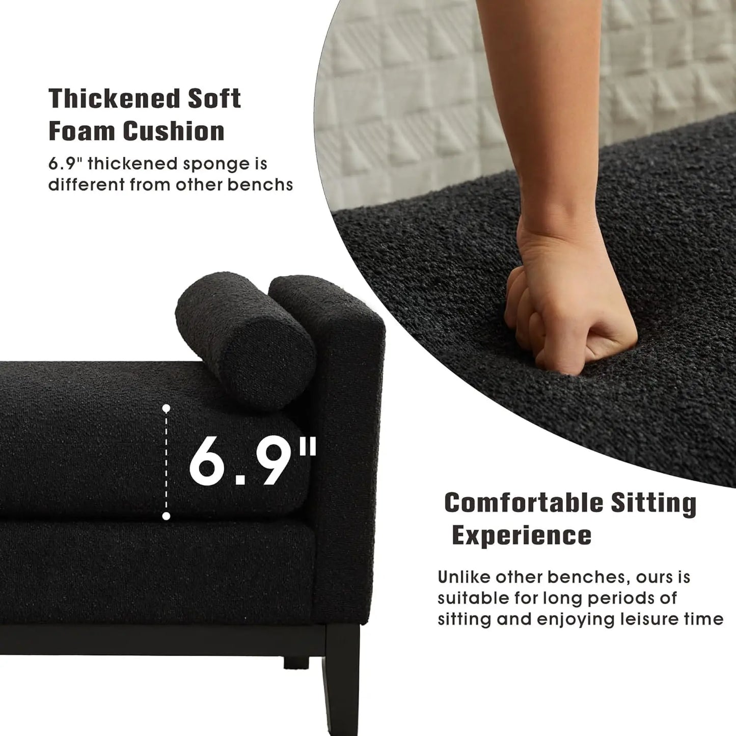 Upholstered 66.3" End of Bed Bench Long King Size Leather Ottoman Bench,Black