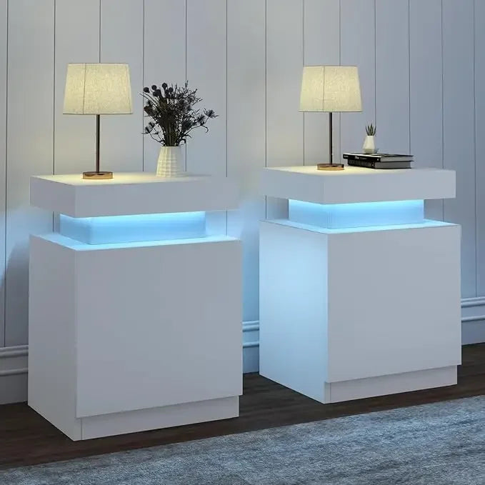 Nightstand Set of 2, LED Nightstand with One Cabinet, Bedside Table with LED Lights, Modern End Side Table for Bedroom