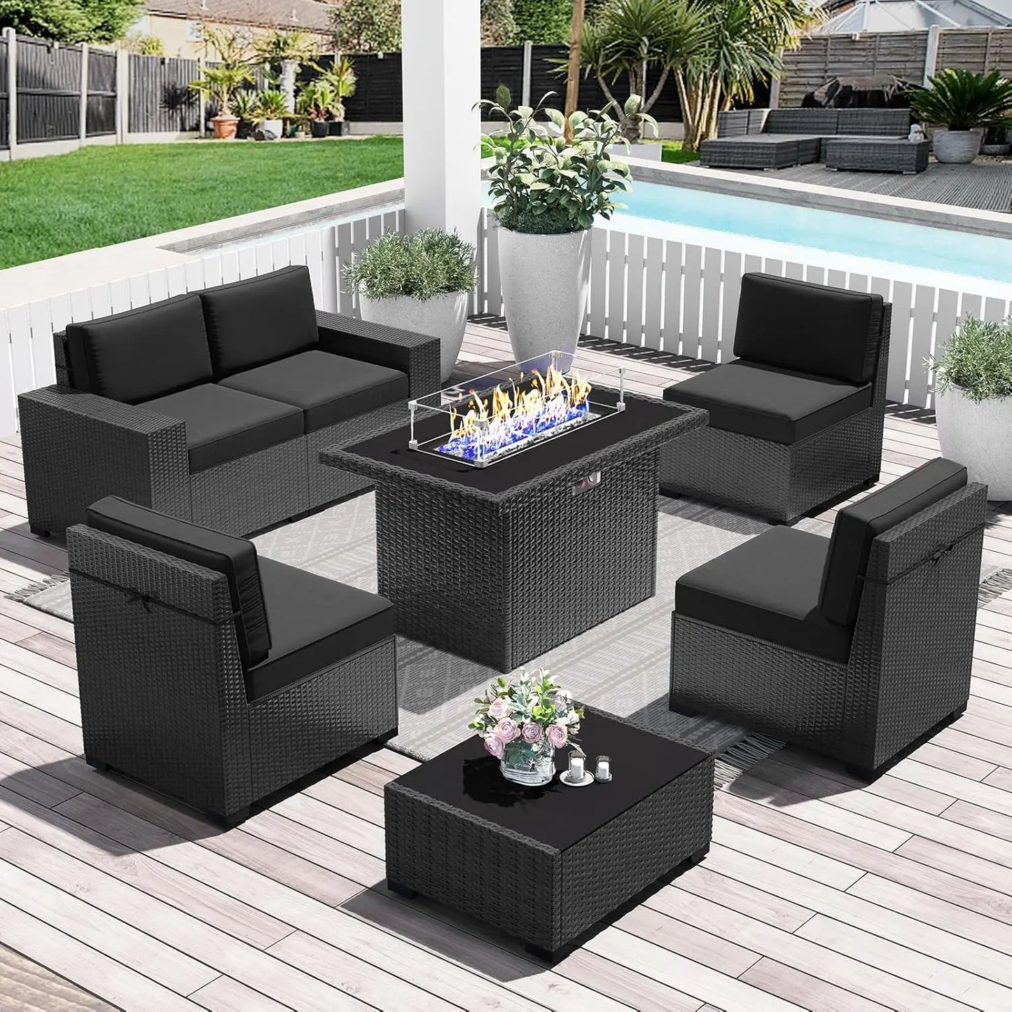 13 Pieces Outdoor Patio Furniture Set with 44" Fire Pit Table Brown Rattan Sectional Sofa Conversation Sets