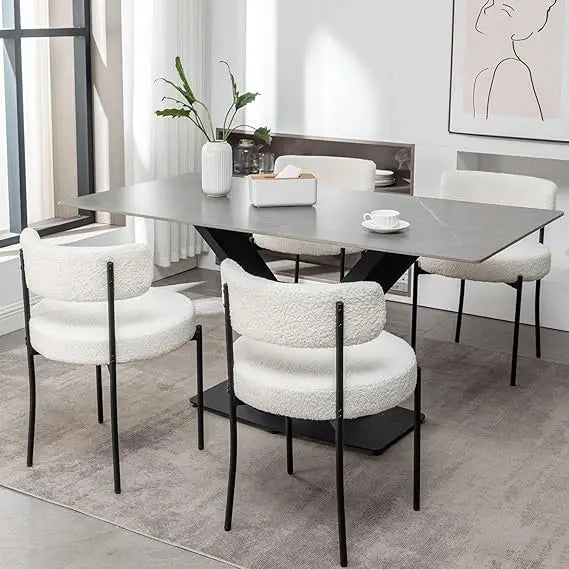 Black Boucle Dining Chairs Set of 4, Upholstered Dining Chairs with Black Metal Legs, Round Modern Chair for Room