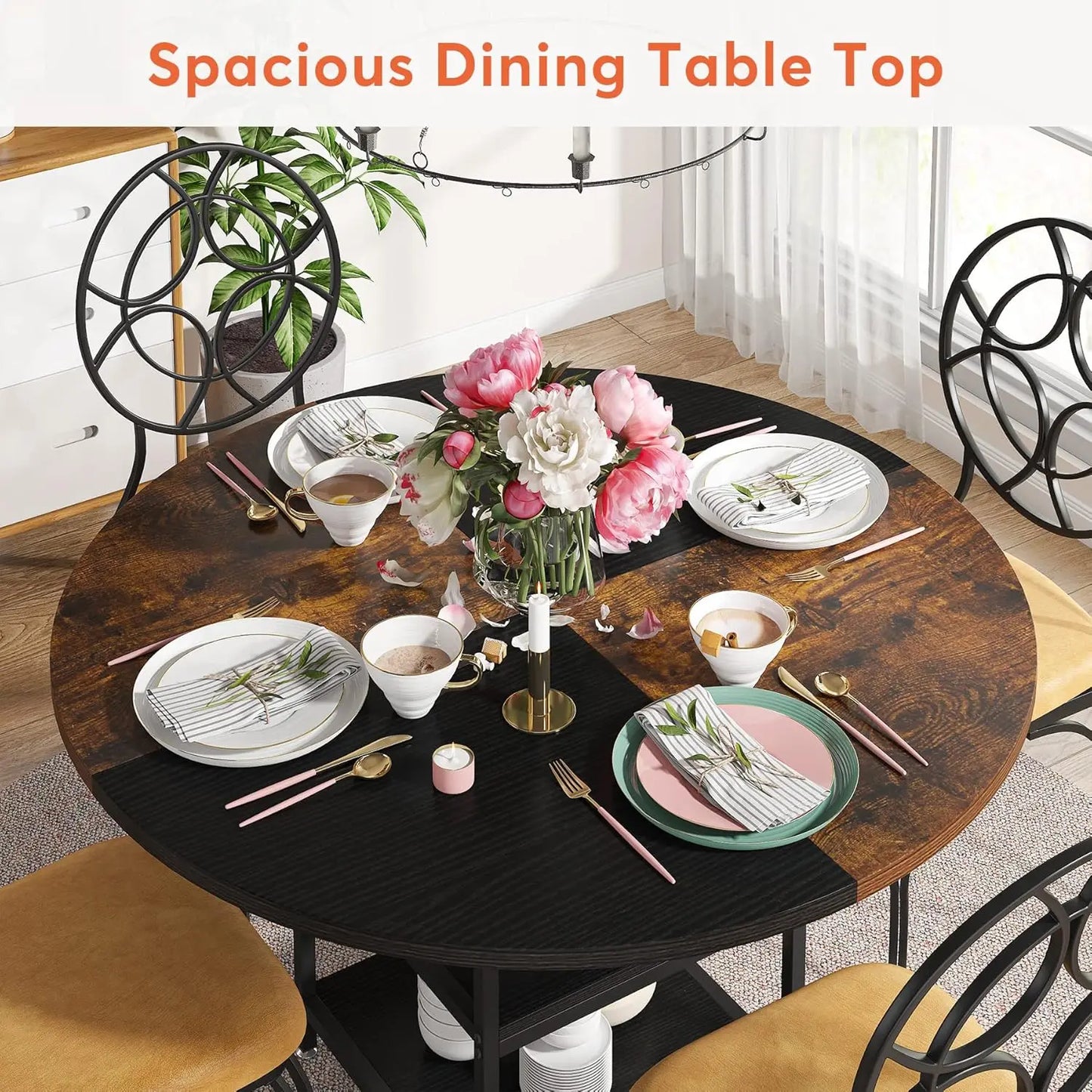 47 inch Round Dining Table for 4,Wood Kitchen Table Large Dinner Table with Storage Shelf Metal Legs for Dining Room(Only Table)