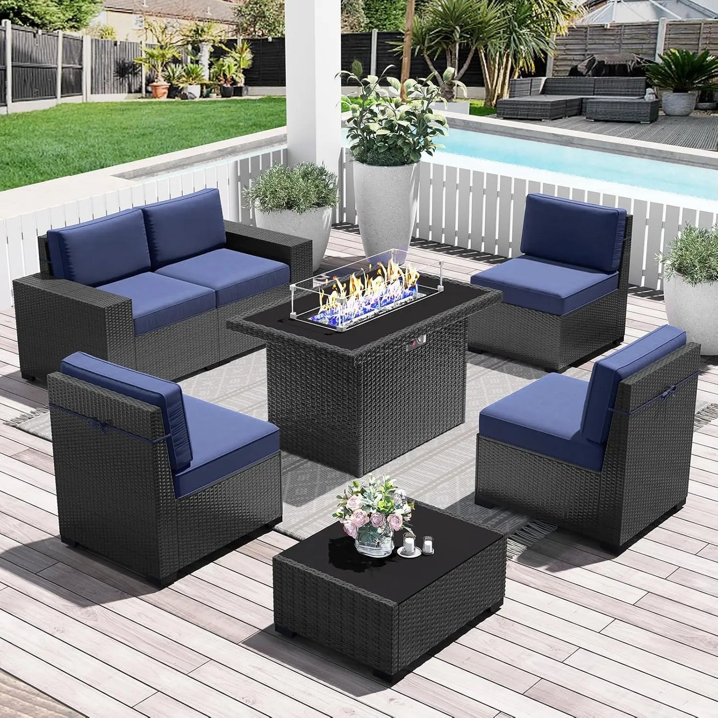 13 Pieces Outdoor Patio Furniture Set with 44" Fire Pit Table Brown Rattan Sectional Sofa Conversation Sets