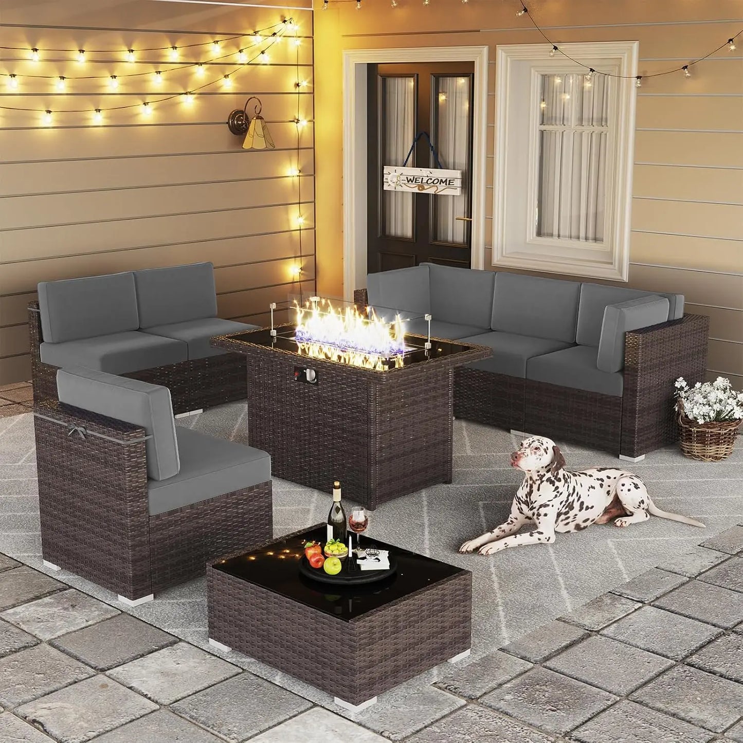 13 Pieces Outdoor Patio Furniture Set with 44" Fire Pit Table Brown Rattan Sectional Sofa Conversation Sets