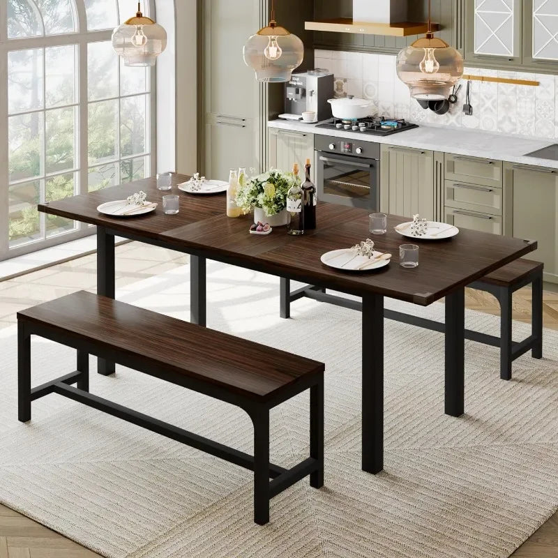 63" Extendable Dining Room Table Set for 4, Modern Dining Table with 2 Benches, 3 Pcs Black Kitchen Table for Small Space, Easy