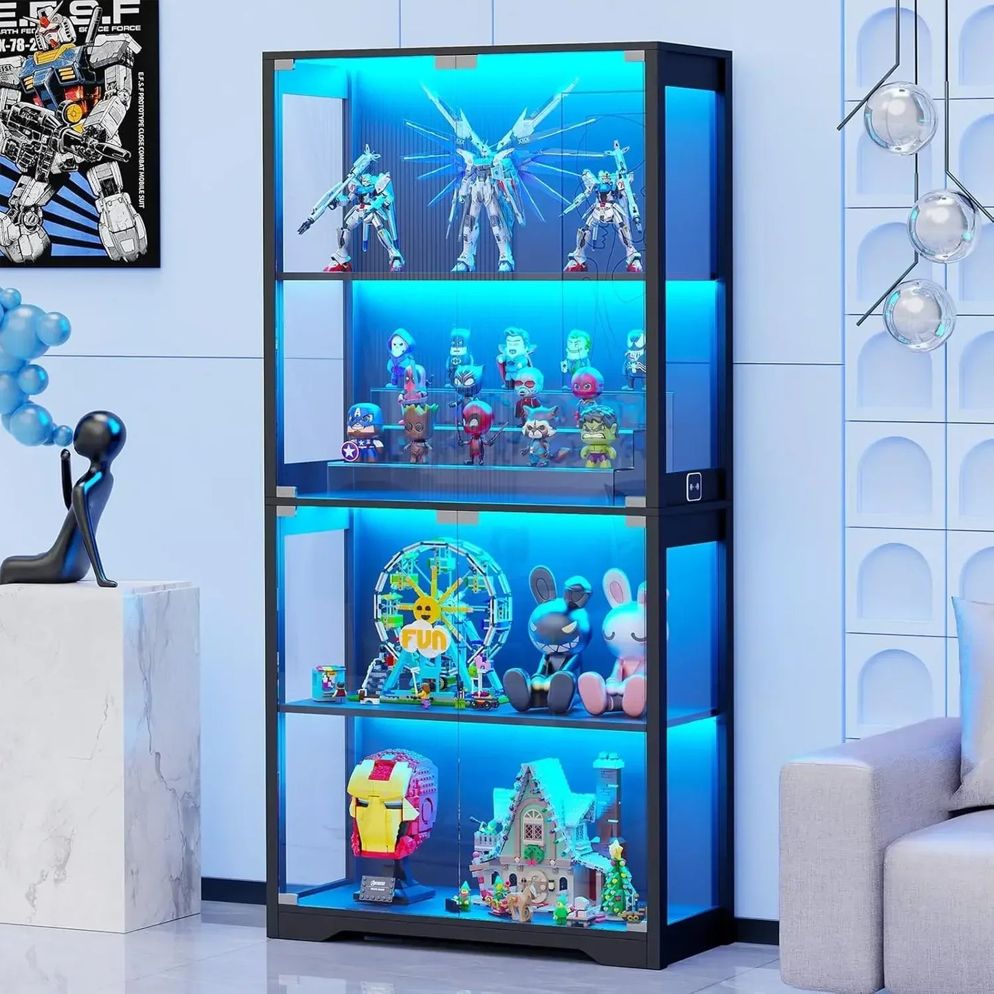 Display Cabinet, 4-Tier Curio Cabinet & Bookcase with 3 Color Light for Collectibles, Toys, Books, Glass Door Storage Cabinet