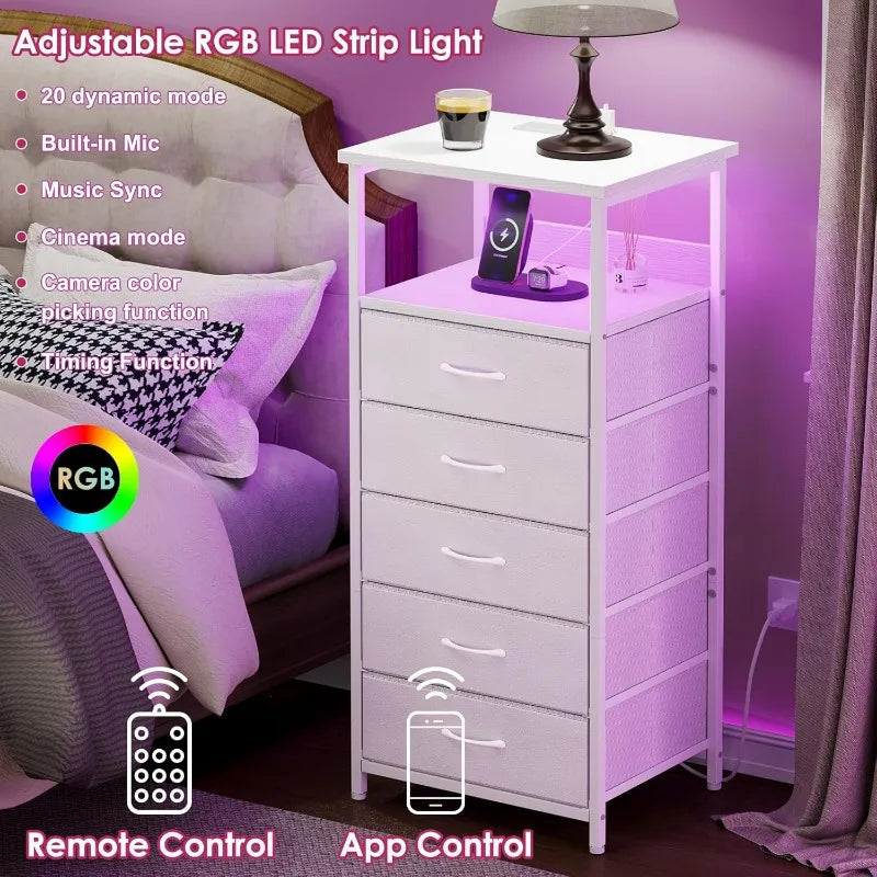 Tall Nightstand with Charging Station and LED Lights, Night Stand with PU Finish Fabric Storage Drawers,3 Drawers