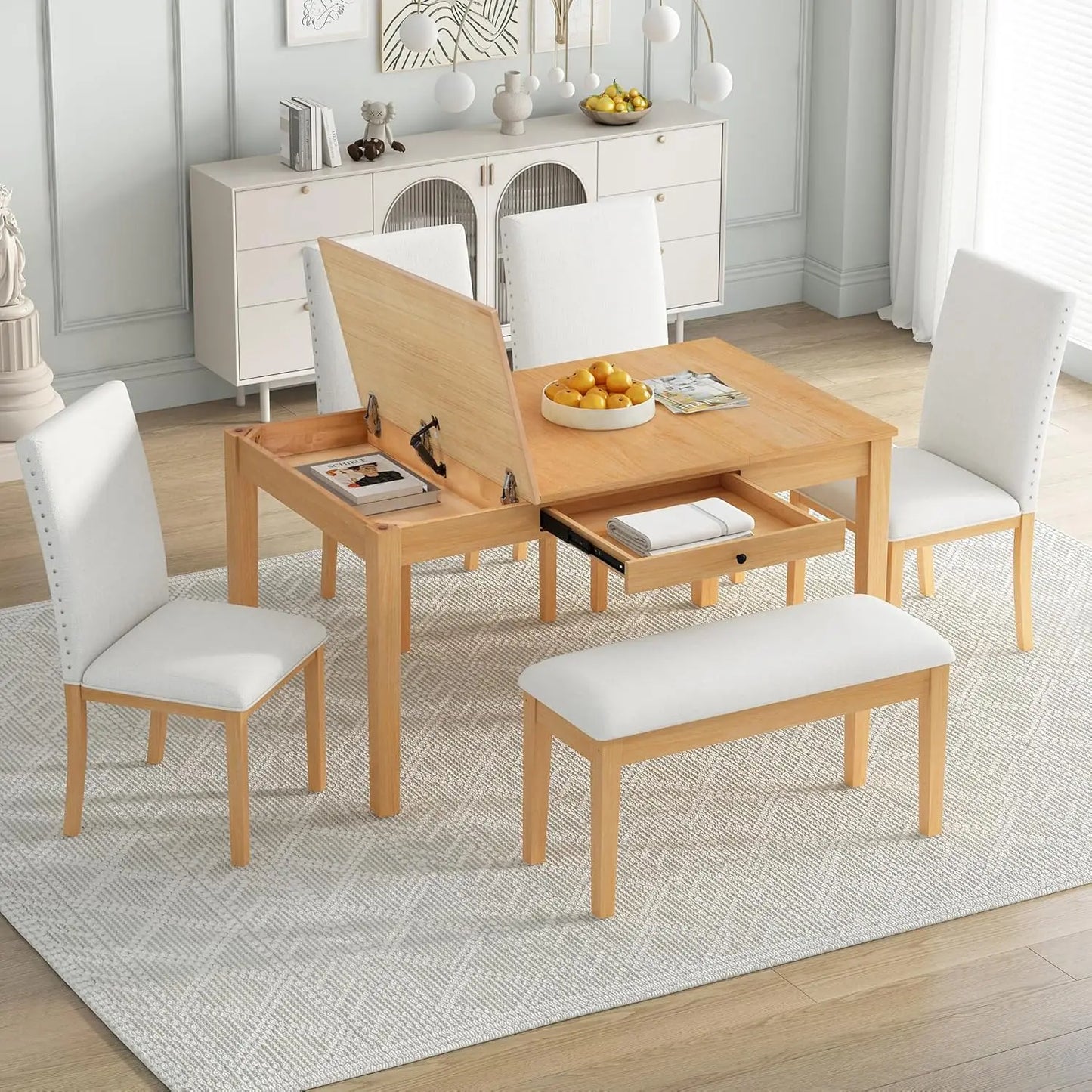 6 Piece Dining Room Table Set, Rustic Farmhouse Dining Room Foldable Table with 4 Upholstered Chairs and Bench
