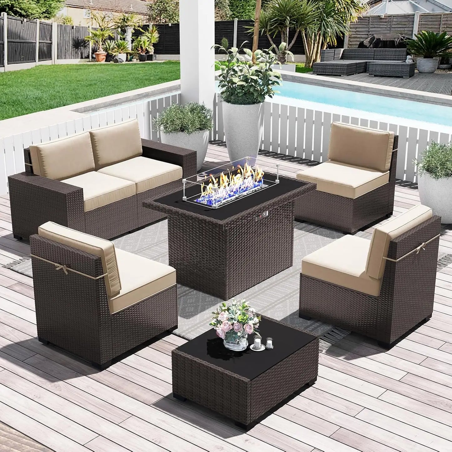 13 Pieces Outdoor Patio Furniture Set with 44" Fire Pit Table Brown Rattan Sectional Sofa Conversation Sets