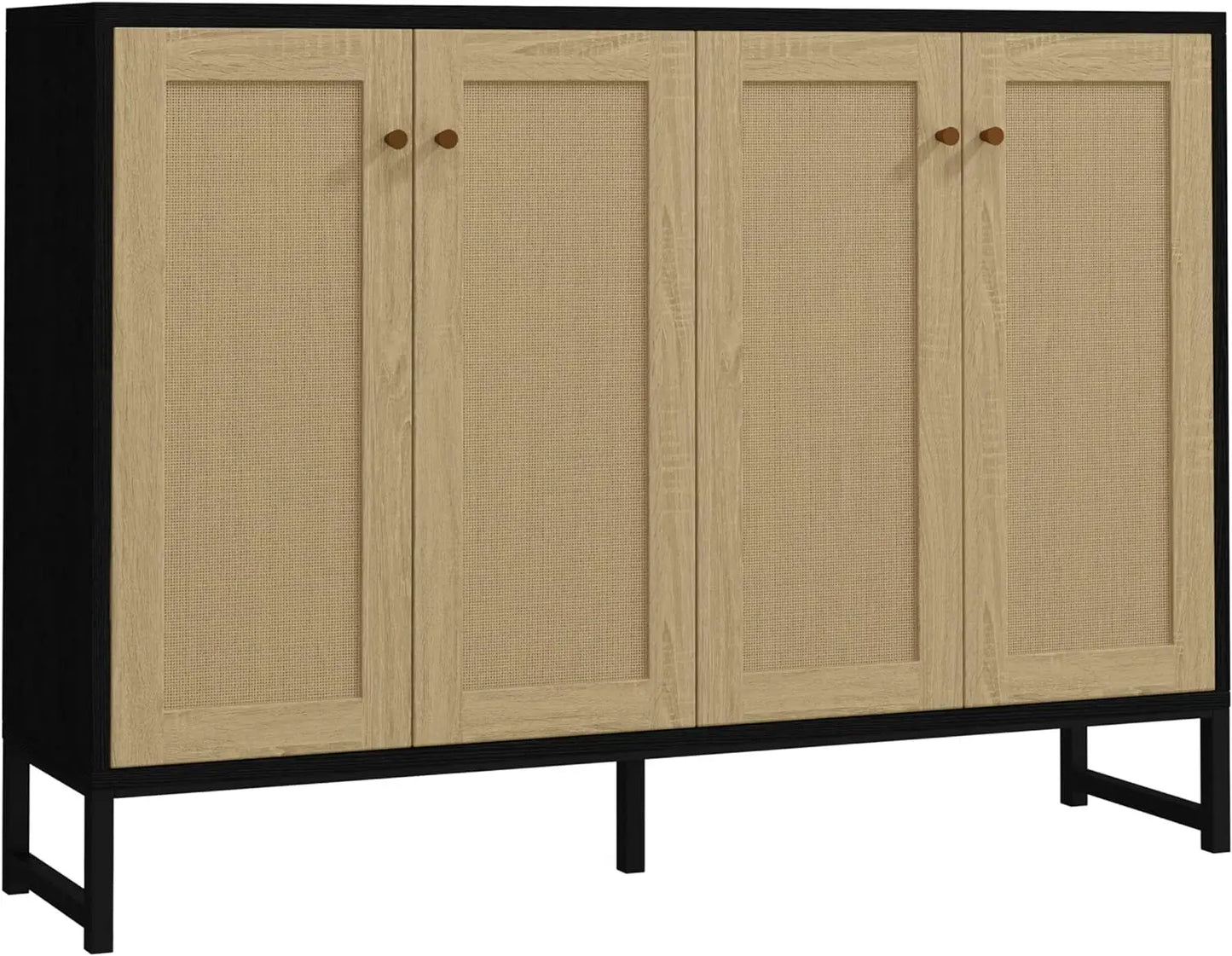Sideboard Accent Storage Cabinet with Rattan Decorated 4 Doors Dining Room Freestanding Kitchen Buffet Table Cupboard