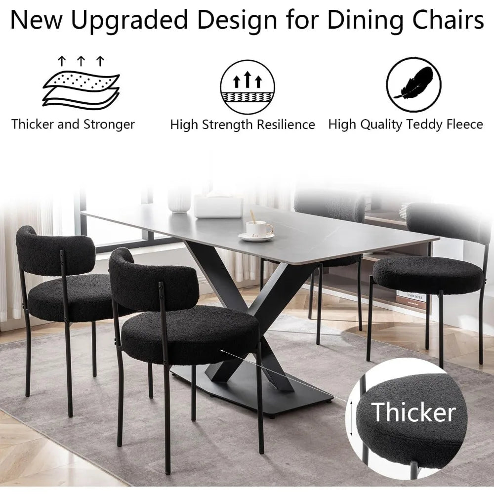 Black Boucle Dining Chairs Set of 4, Upholstered Dining Chairs with Black Metal Legs, Round Modern Chair for Room