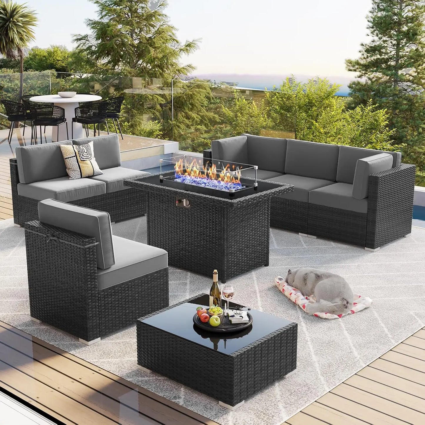 13 Pieces Outdoor Patio Furniture Set with 44" Fire Pit Table Brown Rattan Sectional Sofa Conversation Sets
