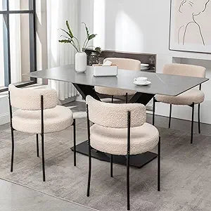 Black Boucle Dining Chairs Set of 4, Upholstered Dining Chairs with Black Metal Legs, Round Modern Chair for Room