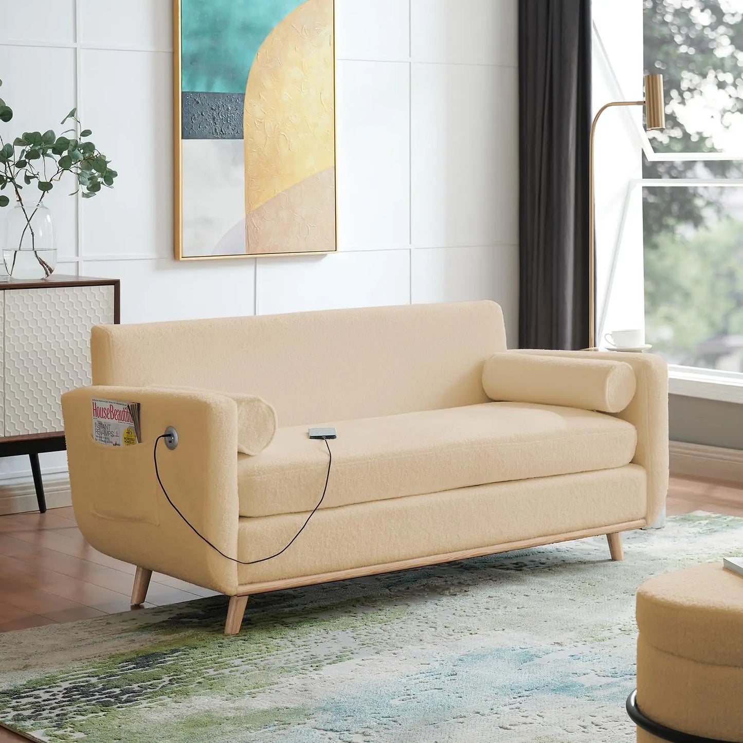 Vabches Loveseat Sofa with LED Lights&USB Ports Modern Boucle 2 Seater Sofa Couch Comfy All-Wood Washable Cover Sofa Living Room