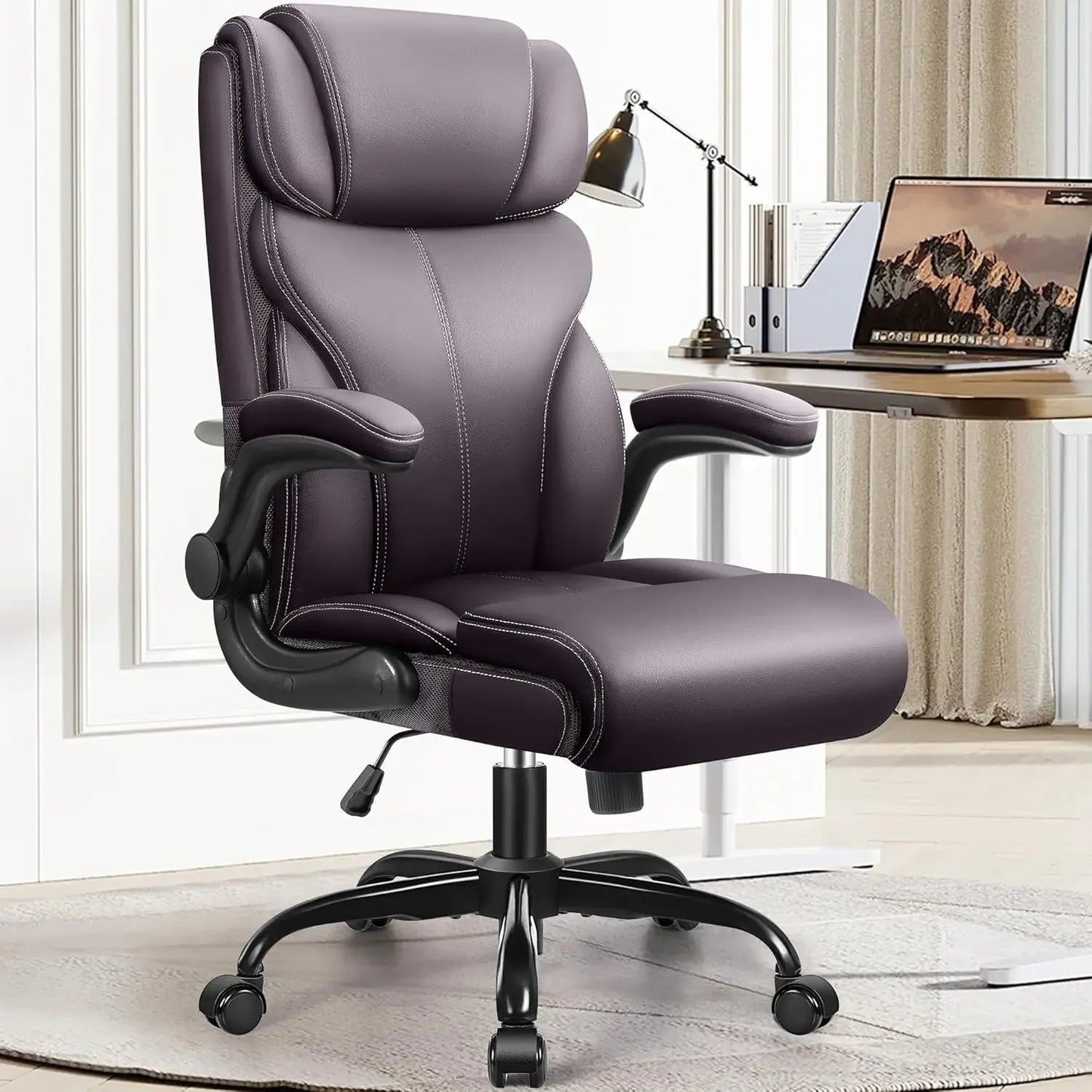 Ergonomic Big and Tall Computer Desk Chairs, Executive Breathable Leather Chair with Adjustable High Back Flip-up Armrests