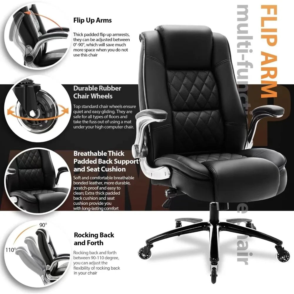 High Back Office Chair- Flip Arms Adjustable Built-in Lumbar Support, Executive Computer Desk Chair Work Chairs, Thick Padded