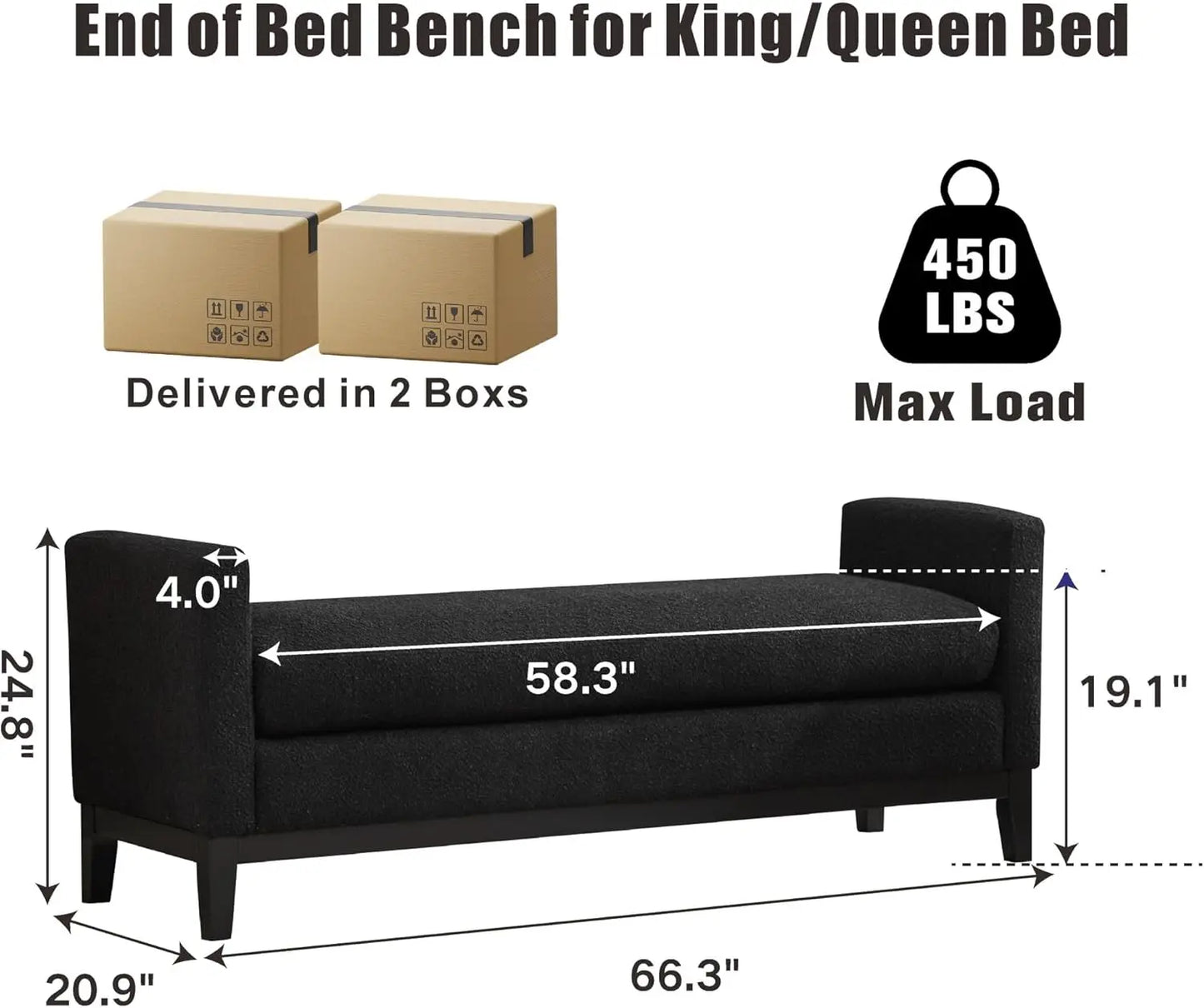Upholstered 66.3" End of Bed Bench Long King Size Leather Ottoman Bench,Black