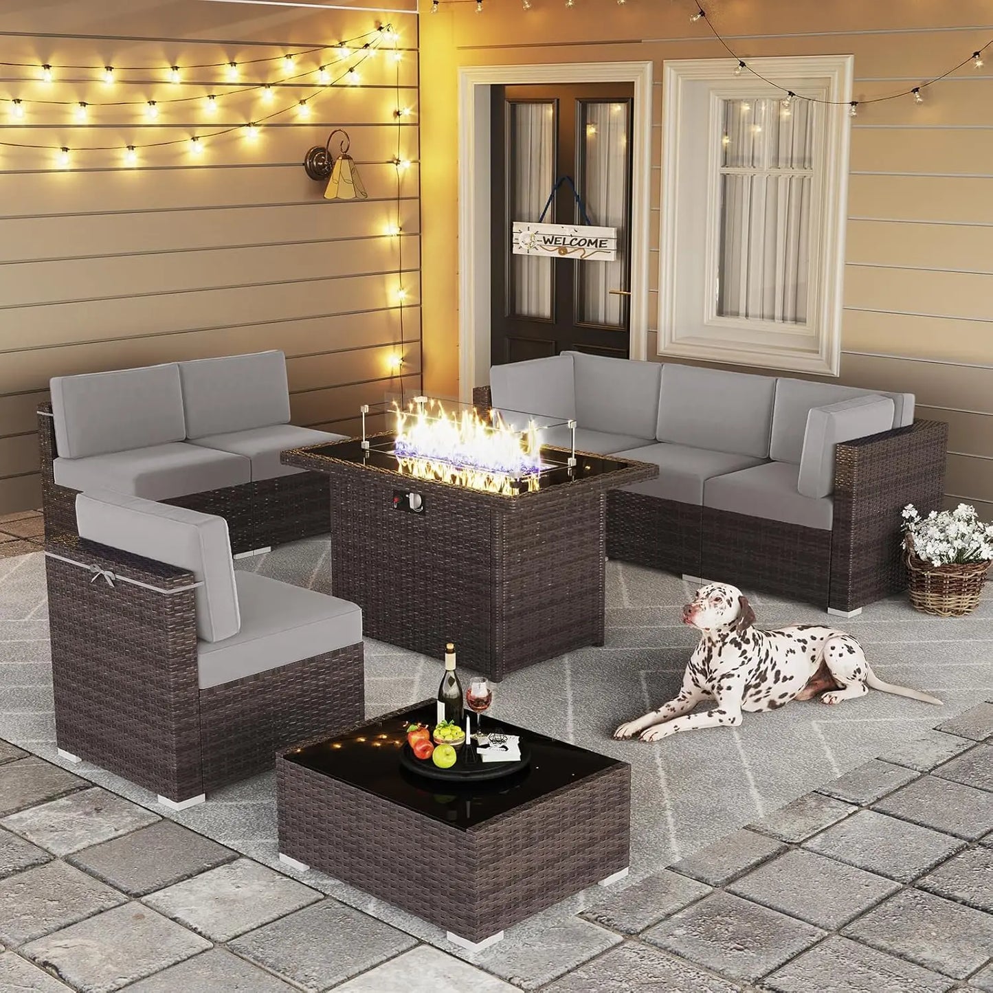 13 Pieces Outdoor Patio Furniture Set with 44" Fire Pit Table Brown Rattan Sectional Sofa Conversation Sets