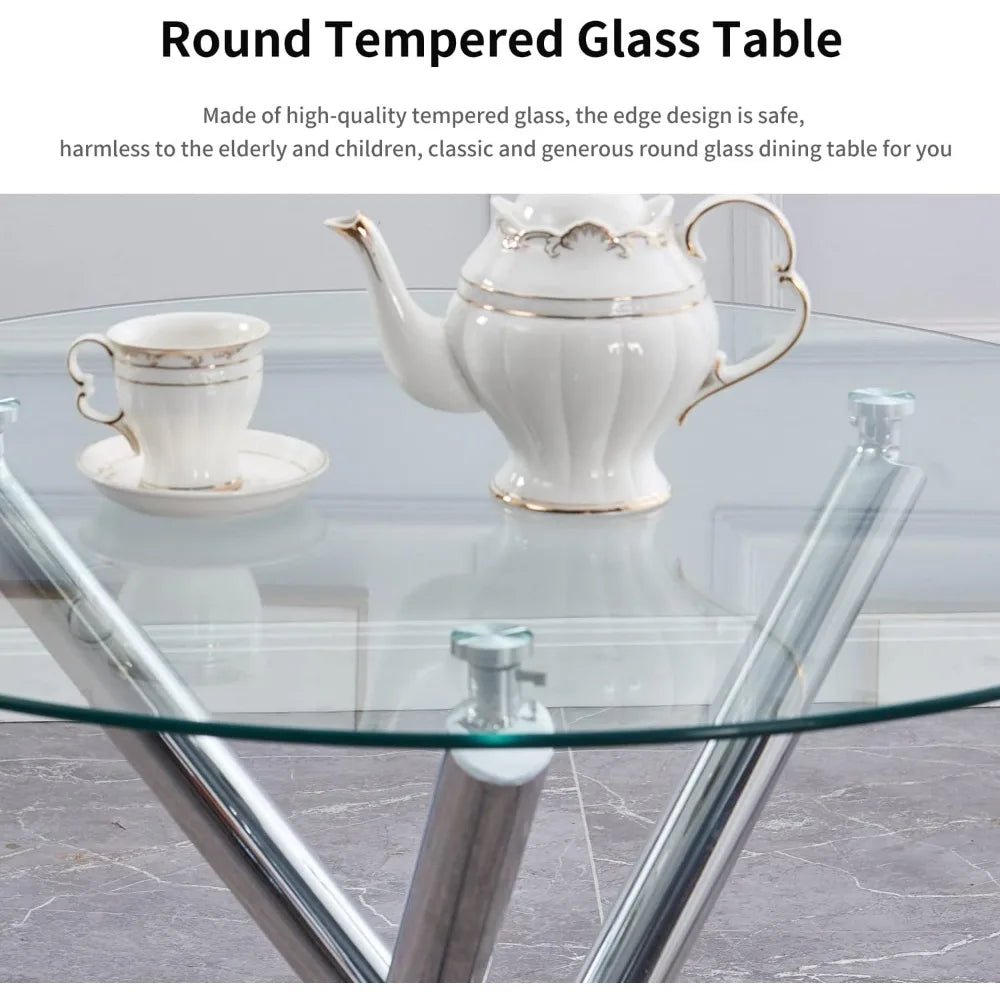 Round Glass Dining Table Set 5 Piece Round Silver Kitchen Table and White Chairs,Tempered Glass Table with 4 Faux Leather Chairs