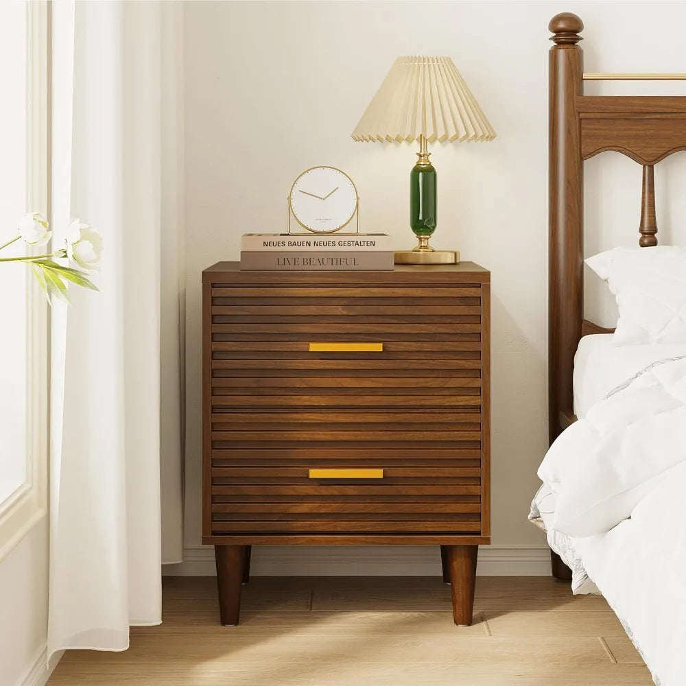 Fluted Nightstands Set of 2, Mid Century Bedside Table for Bedroom, End Table with 2 Drawers, Modern Bed Side Table wit
