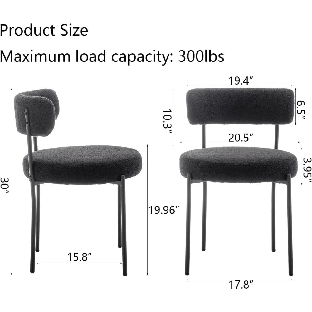 Black Boucle Dining Chairs Set of 4, Upholstered Dining Chairs with Black Metal Legs, Round Modern Chair for Room