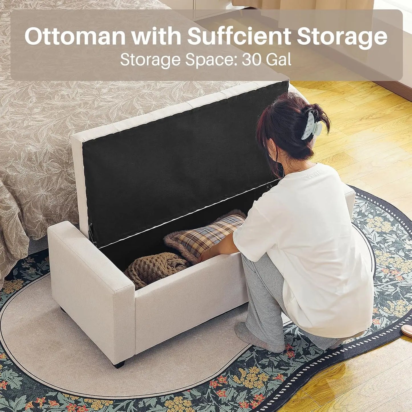 Folding Storage Ottoman, Footrest Stool Storage Bench with Flipping Lid, Safe Hinge for Living Room, Bedroom, Entryway, 47.8"