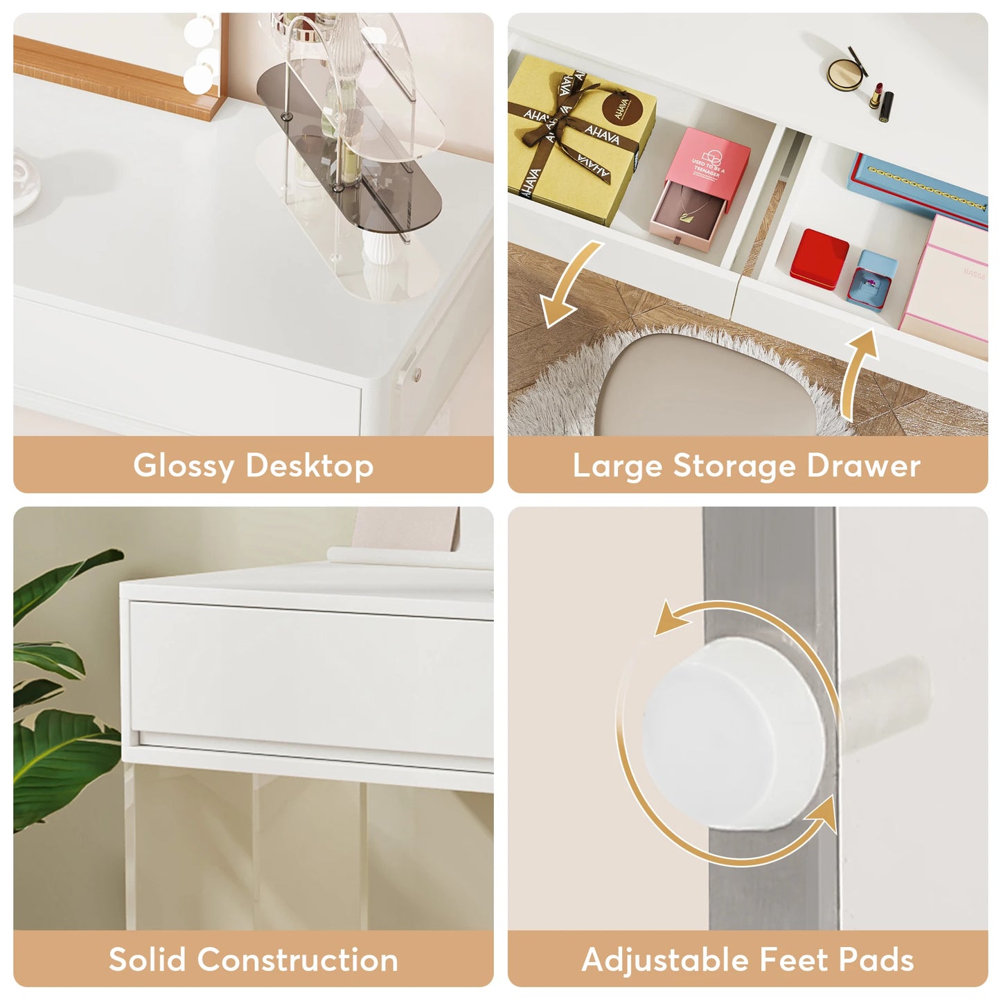 Tribesigns Makeup Vanity Desk with 2 Drawers, Modern White Computer Desk with Acrylic Legs, Glossy Vanity Dressing Table
