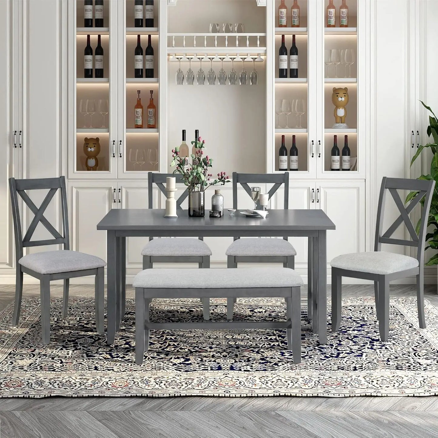 6 Piece Dining Room Table Set, Rustic Farmhouse Dining Room Foldable Table with 4 Upholstered Chairs and Bench