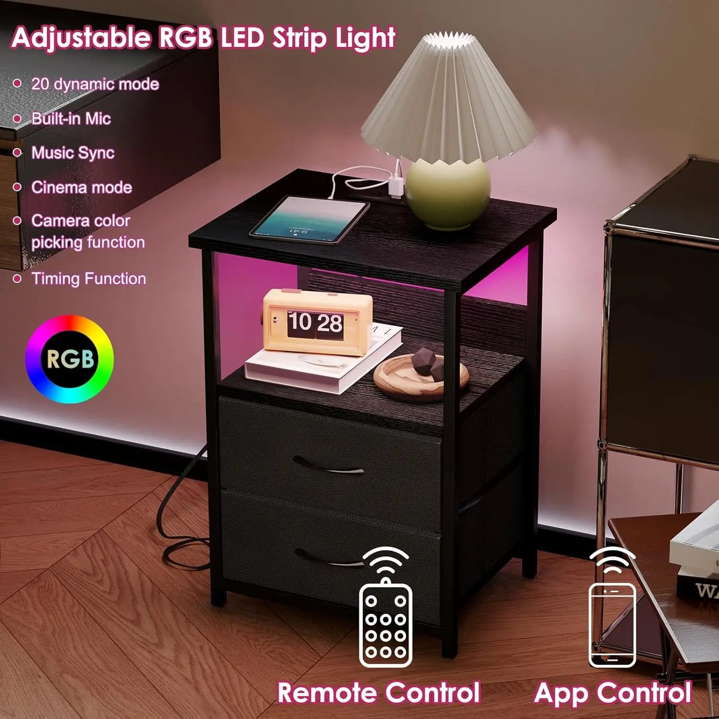 Night Stand with Charging Station, LED Nightstand with U-S-B Ports and Outlets, 2 Fabric Storage Drawers with PU Finish