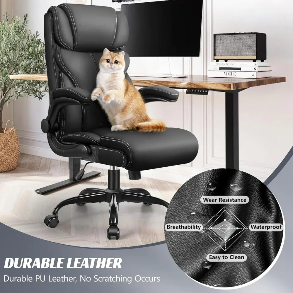 Ergonomic Big and Tall Computer Desk Chairs, Executive Breathable Leather Chair with Adjustable High Back Flip-up Armrests