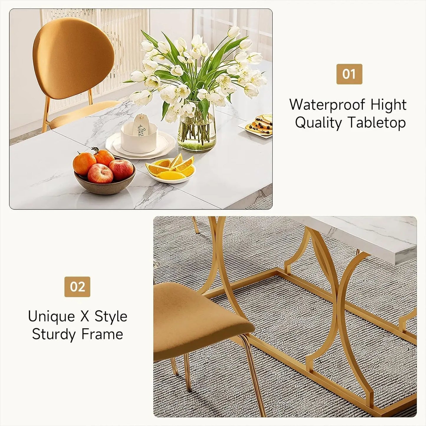 63" Luxury Dining Table Kitchen Dining Room Table White Dinner Desk Rectangle Modern Marble with Gold Metel Frame for 6 People