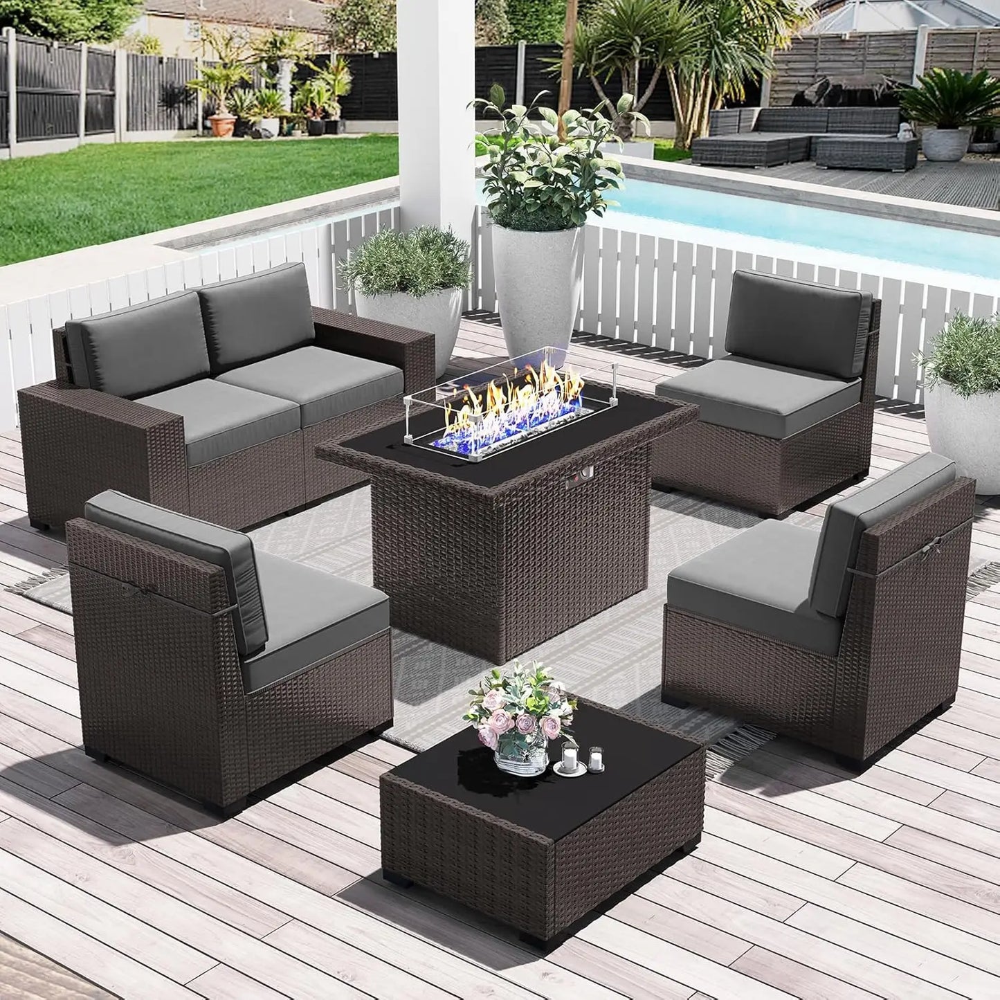 13 Pieces Outdoor Patio Furniture Set with 44" Fire Pit Table Brown Rattan Sectional Sofa Conversation Sets