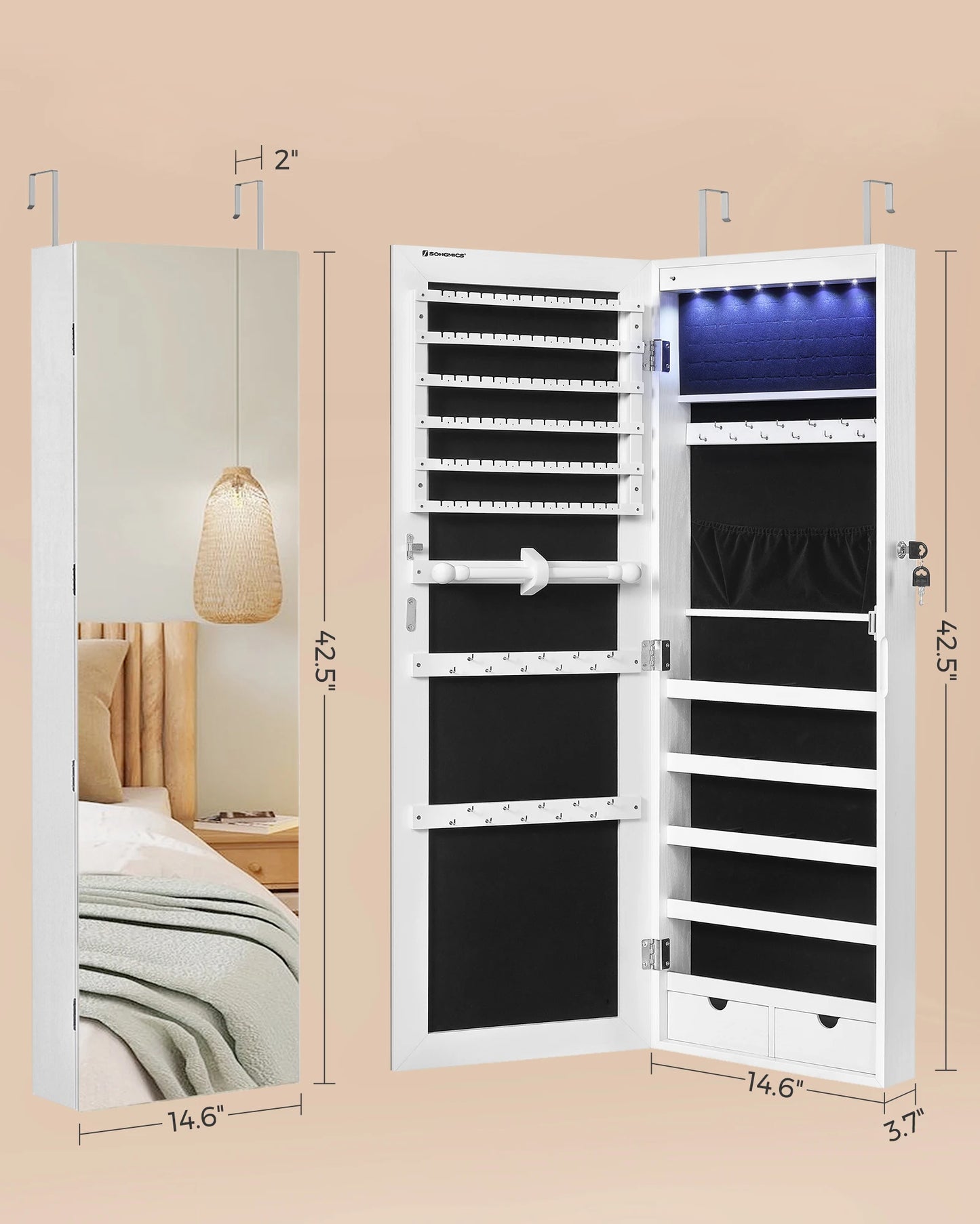 SONGMICS Hanging Jewelry Cabinet, Wall-Mounted Cabinet with LED Interior Lights, Door-Mounted Jewelry Organizer