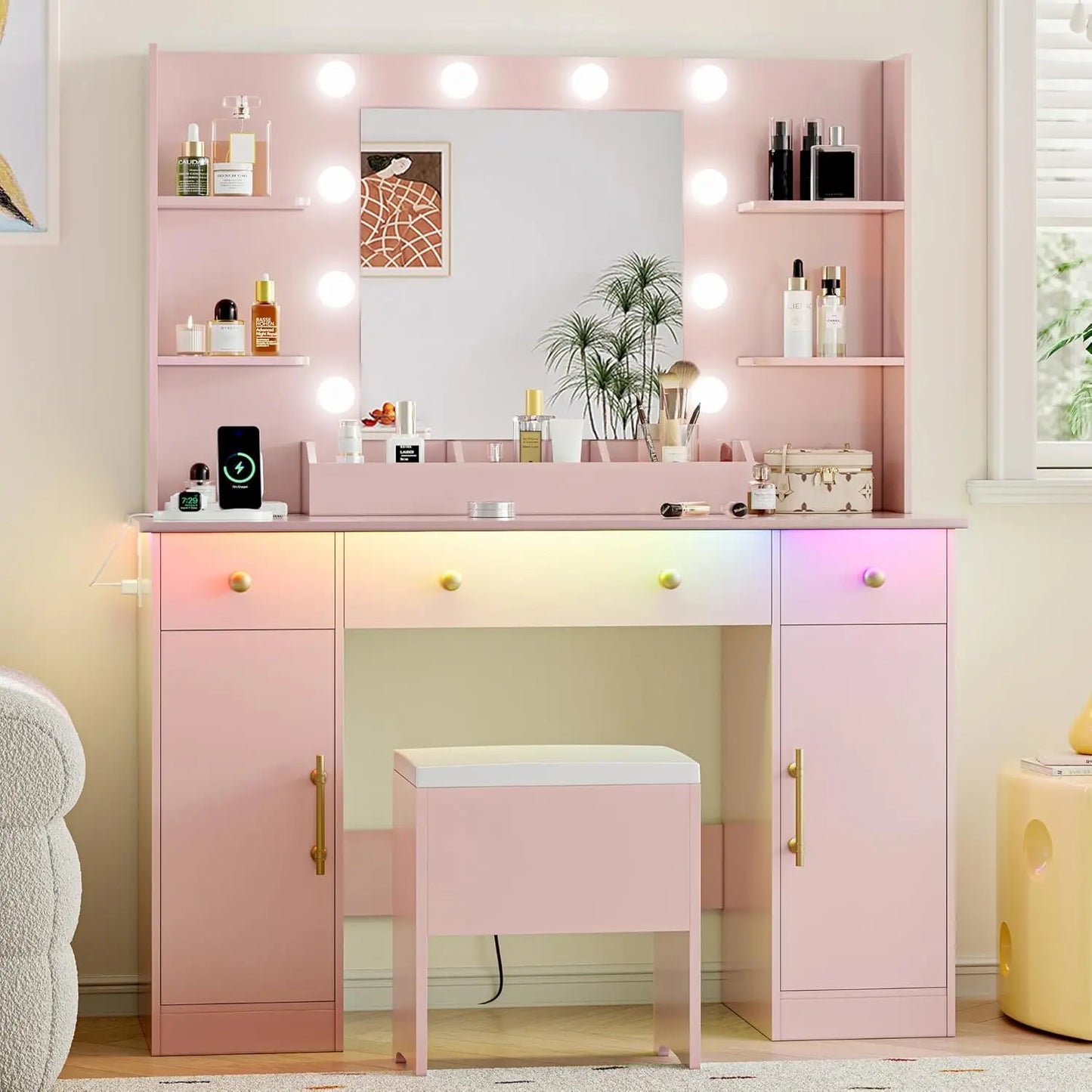 Vanity Desk with Mirror and Lights, 43'' Pink Makeup Dressing Table Set with 5 Drawers & Chair, Power Outlet, 3 Lighting Modes
