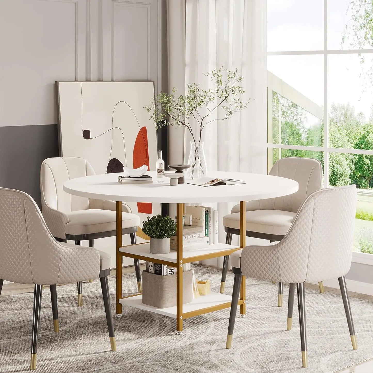 47 inch Round Dining Table for 4,Wood Kitchen Table Large Dinner Table with Storage Shelf Metal Legs for Dining Room(Only Table)