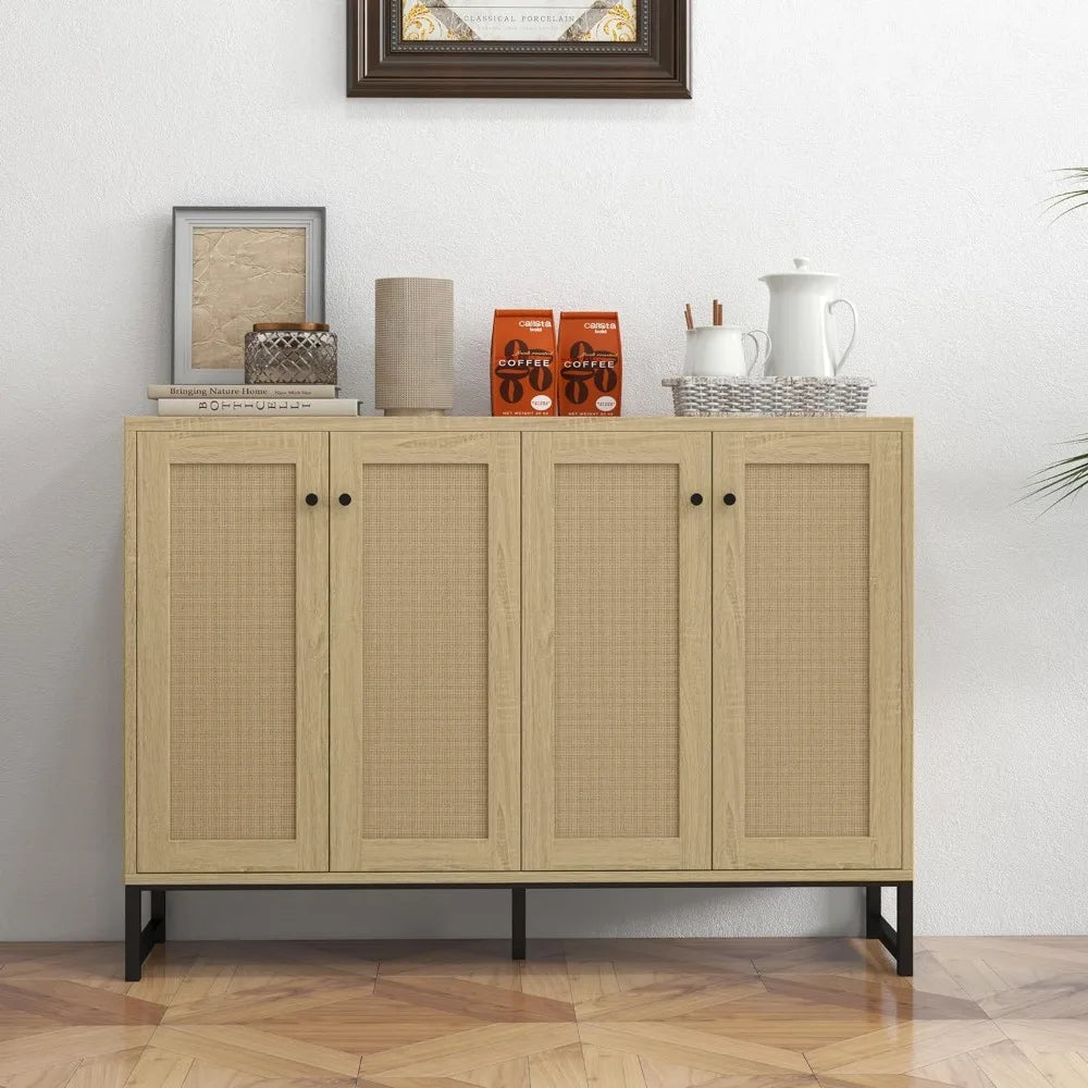 Sideboard Accent Storage Cabinet with Rattan Decorated 4 Doors Dining Room Freestanding Kitchen Buffet Table Cupboard