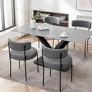 Black Boucle Dining Chairs Set of 4, Upholstered Dining Chairs with Black Metal Legs, Round Modern Chair for Room