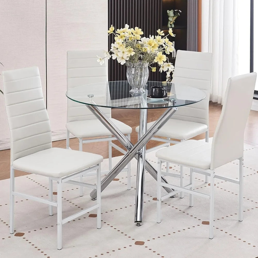 Round Glass Dining Table Set 5 Piece Round Silver Kitchen Table and White Chairs,Tempered Glass Table with 4 Faux Leather Chairs