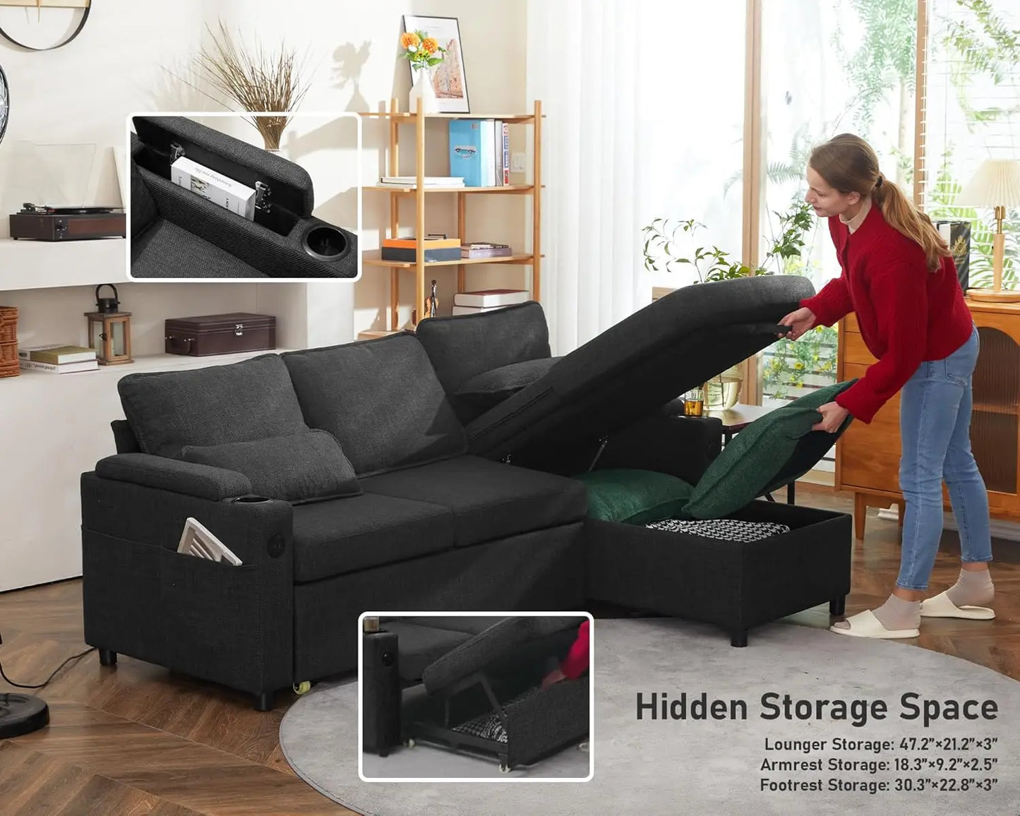 Sleeper Pull Out 2 in 1 Sectional Sleeper Sofa Couches with Storage,USB, Cup Holder,Pullout Sectional Couches