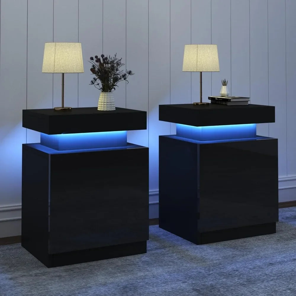 Nightstand Set of 2, LED Nightstand with One Cabinet, Bedside Table with LED Lights, Modern End Side Table for Bedroom